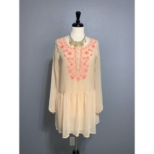 Poema Embroidered Boho Peasant Tunic Top Peach S